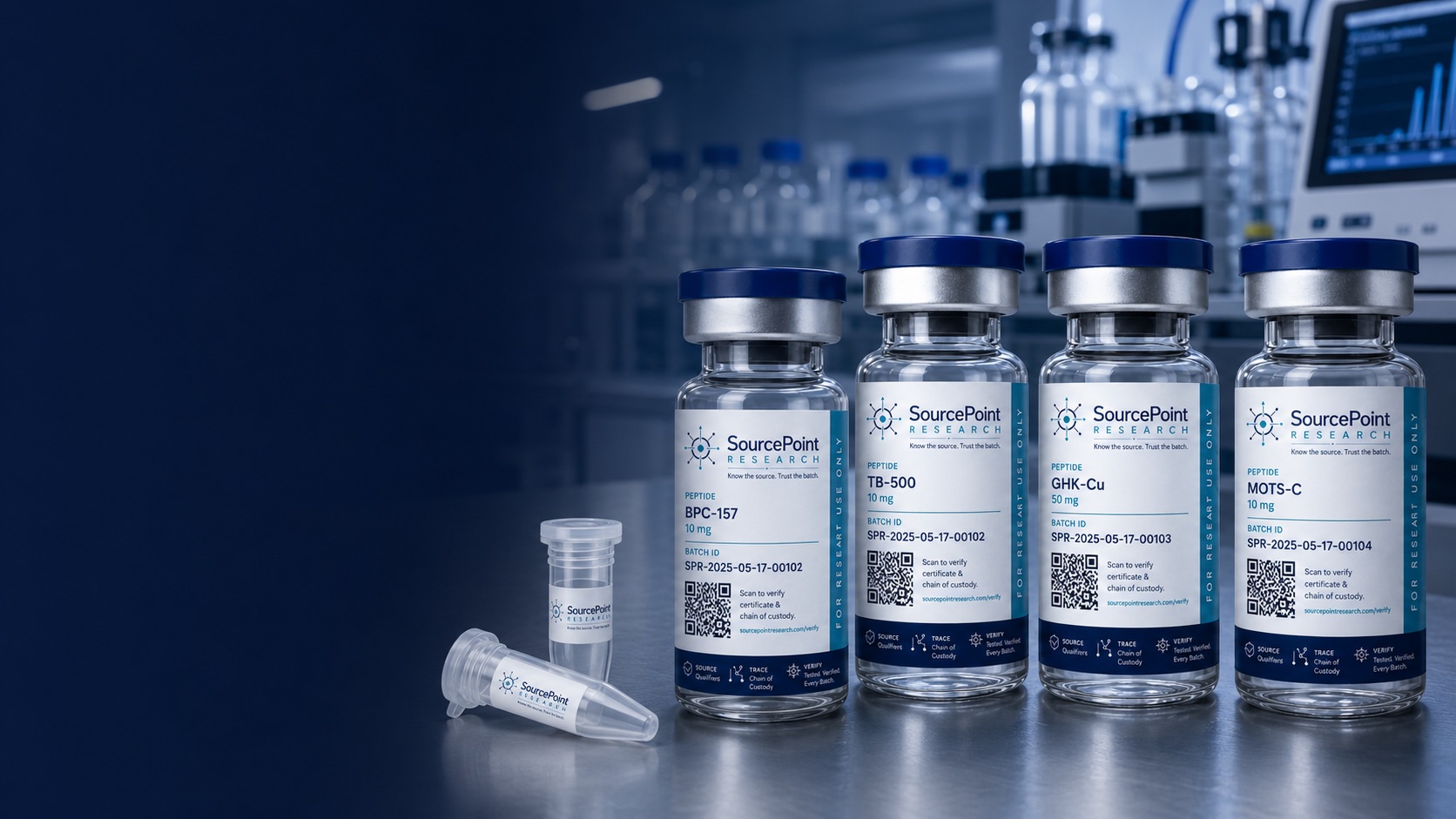 SourcePoint Research labeled vials in an analytical laboratory